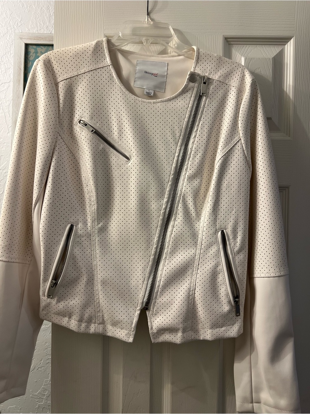 Skinnygirl White Perforated Asymmetric Zip Moto Jacket